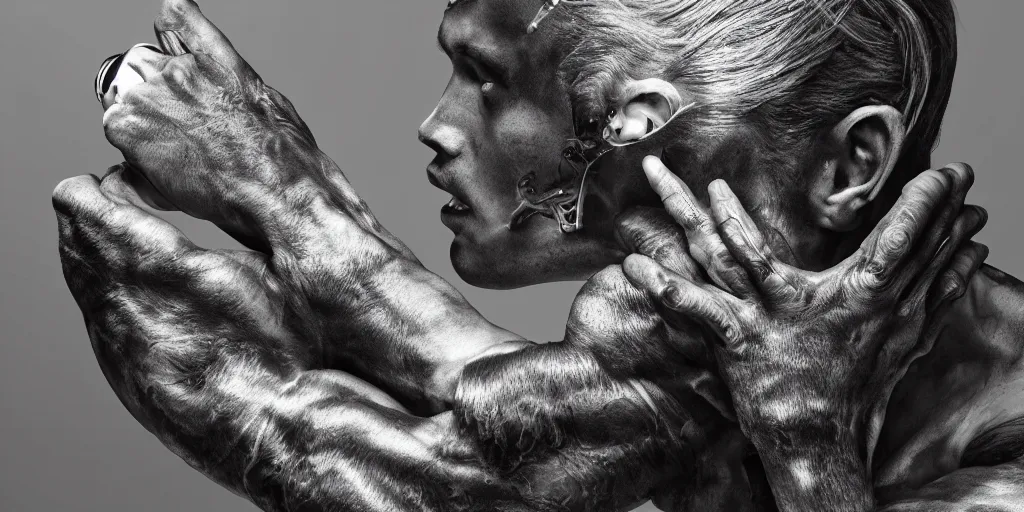 Prompt: hyper realistic photography of a stunningly beautiful cyborg male, elbow, thy, intimate, holding close, reflective chrome in the style of beth cavener, jin kagetsu,, and wlop, highly detailed, intricate filigree,, masterpiece, award winning, sharp focus, concept art, ringflash lighting, ambient lighting, octane render, 8 k, artstation