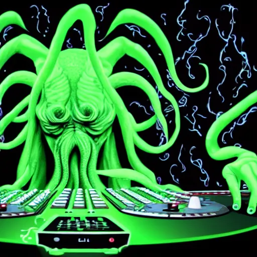 Prompt: a photorealistic image of Cthulhu DJ-ing at a rave party