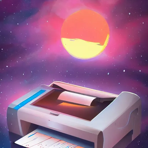 Image similar to a printer floating in the void of space, a long sheet of paper coming out of printer, bright stars, high quality art, trending on artstation