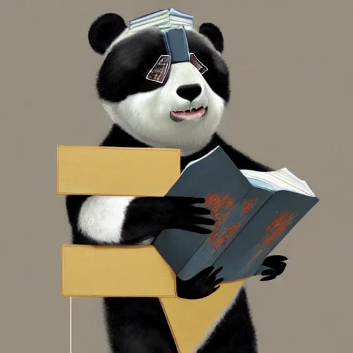 Prompt: Oil Painting of an anthropomorphic Panda Bear Holding a book and a pair of dividers in a science-lab with fantastic creations around him, concept art, highly detailed, hyperrealism, 4k rendering - C 9