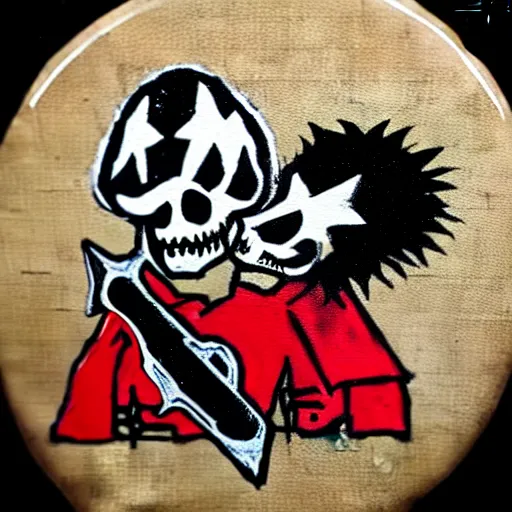 Image similar to painting on a badge, punks not dead!, exploited, clash, junk yard, rats, punk rock album cover art style, grunge, no future