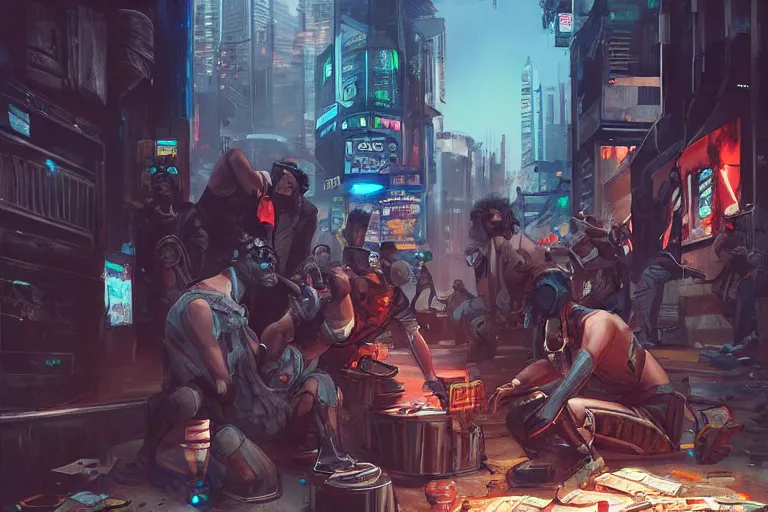 Image similar to hobos betting on robot fights in a cyberpunk ghetto, by artgerm and wlop