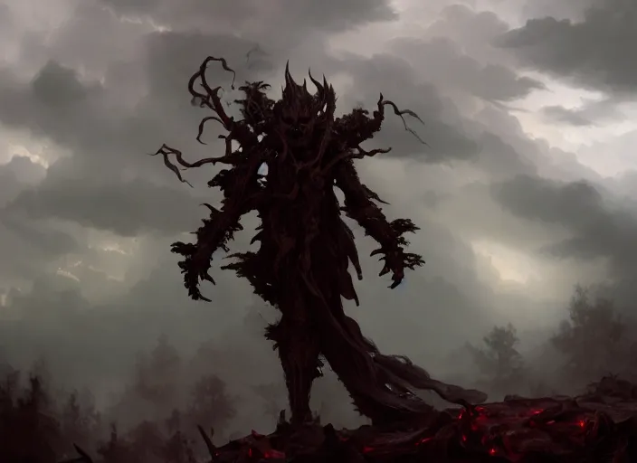 Image similar to a photorealistic shadow demon appears in the storm clouds above, hellish forest of death landscape at night, rule of thirds, digital painting by sargent and leyendecker, fantasy, medium shot, intricate, matte painting, crimson gradient, dynamic lighting, by greg rutkowski and greg tocchini and james gilleard and joe fenton and greg manchess