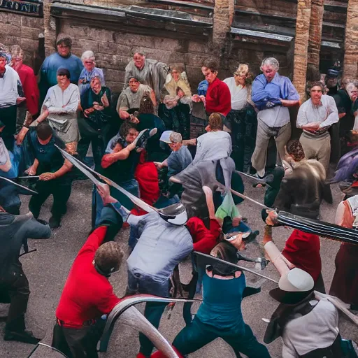 Image similar to people sword fighting at real estate auction, cinematic mid shots, high saturation color, where's wally