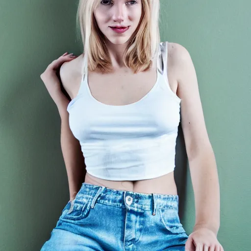 Image similar to Portrait of a Blonde Girl, Young Beautiful Face, Green Eyes, Freckles, Wearing a white crop-top and jeans, with a subtle smile, Detailed, 8K, Epic, Charming, Character, Octane Rendering, Hyper Realistic