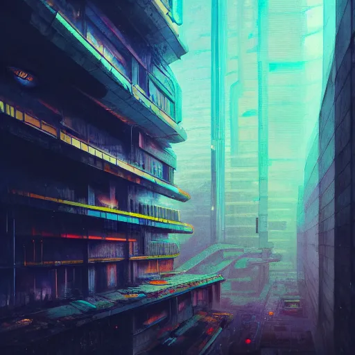 Prompt: Brutalist architecture building, illustrated by Greg Rutkowski and Gaston Bussiere, 35mm lens, beautiful macro close-up imagery, vibrantly lush neon lighting, beautiful volumetric-lighting-style atmosphere, a futuristic atmosphere, intricate, detailed, photorealistic imagery, trending on artstation, 4k, 8k W 832