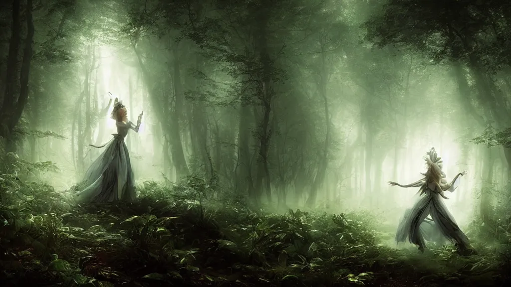 Prompt: elven princess dancing in the dark forest. andreas achenbach, artgerm, mikko lagerstedt, zack snyder, tokujin yoshioka