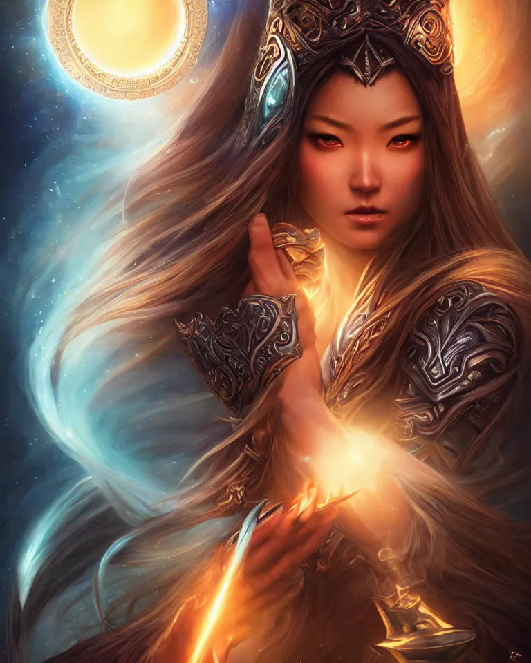 Image similar to beautiful cinematic fantasy poster, asian goddess of light and love, beautiful glowing galaxy eyes, hybrid from The Elden Ring and art direction by Darius Zawadzki ;by artgerm; wayne reynolds art station; cinematic quality character render; low angle; ultra high quality model; production quality cinema model;