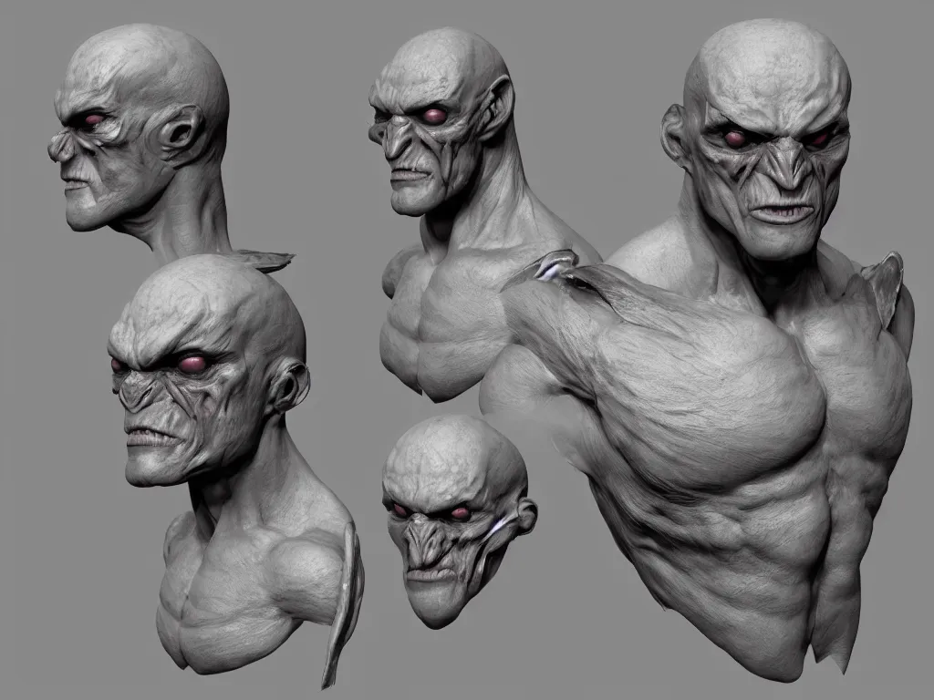 Image similar to barnacle, muscular, chiroptera head, chiroptera ears, artstation, cgsociety, zbrush, no background