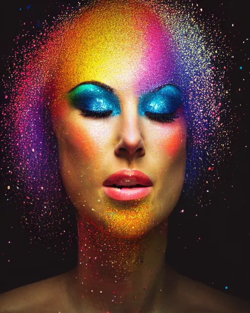 Image similar to incredible realistic vivid studio portrait, a huge glitter rainbow erupts from the mouth of the model, in the style of annie leibovitz, 8 k resolution, vsco film