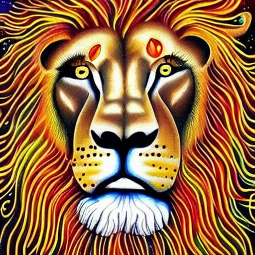 Prompt: a lion made out of stars, shiny eyes, beautiful, centered, artistic painting, detailed, realistic,