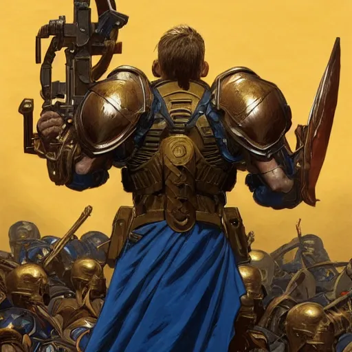 Prompt: a full body shot from behind of a super soldier with a golden and blue flag on his shoulders standing on a pile of skulls in triumph after battle, western, D&D, fantasy, intricate, elegant, highly detailed, digital painting, artstation, concept art, matte, sharp focus, illustration, art by Artgerm and Greg Rutkowski and Alphonse Mucha