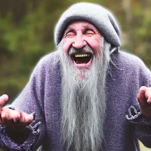 Image similar to an old bald mad wizard with bushy grey eyebrows, long grey hair and wearing a grey wizard hat, disheveled, wise old man, wearing a purple detailed coat, a bushy grey beard, sorcerer, he is yelling and laughing