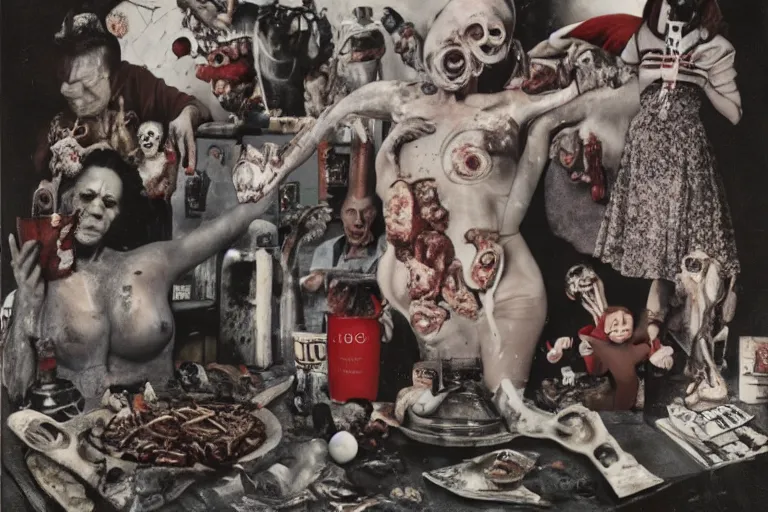 Prompt: full color american nightmare, joel peter witkin photo of 1 9 5 0 s suburban family, meaty capitalist propaganda meets body horror, sweaty patriotic nihilism, annie liebovitz, bosch, disney, gustave dore, pixar