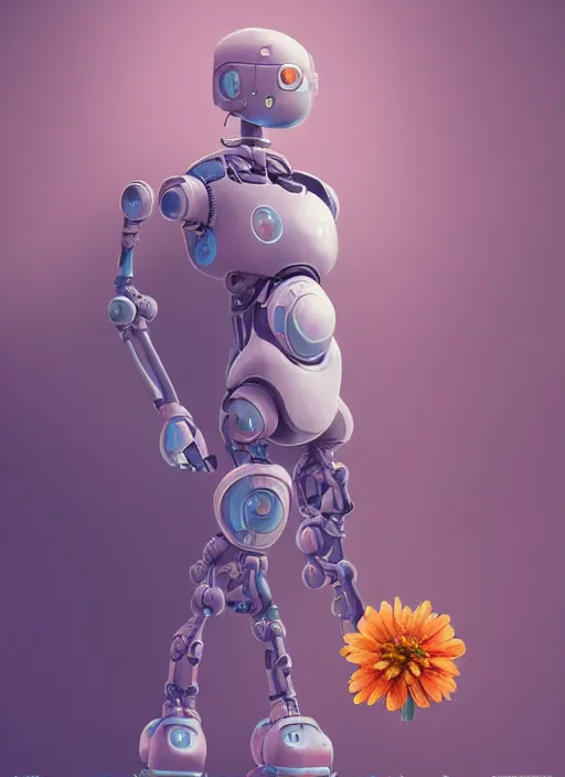 Image similar to detailed full body concept art illustration pastel painting of a robot holding a flower, ultra detailed, digital art, octane render, dystopian, micro detail, 4k