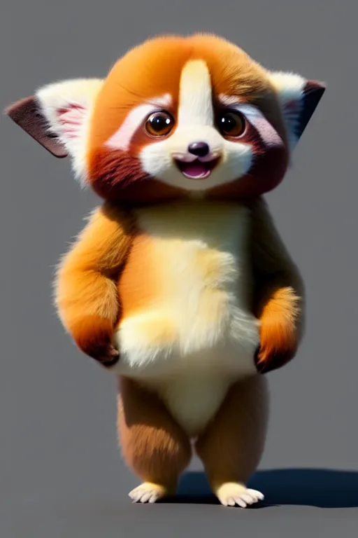 Image similar to high quality 3 d render hyperrealist very cute pastel fluffy! red panda & tarsier hybrid eating giant ice cream full body, vray smooth, in the style of detective pikachu, charlie immer, very dramatic light, low angle, uhd 8 k, shallow depth or field