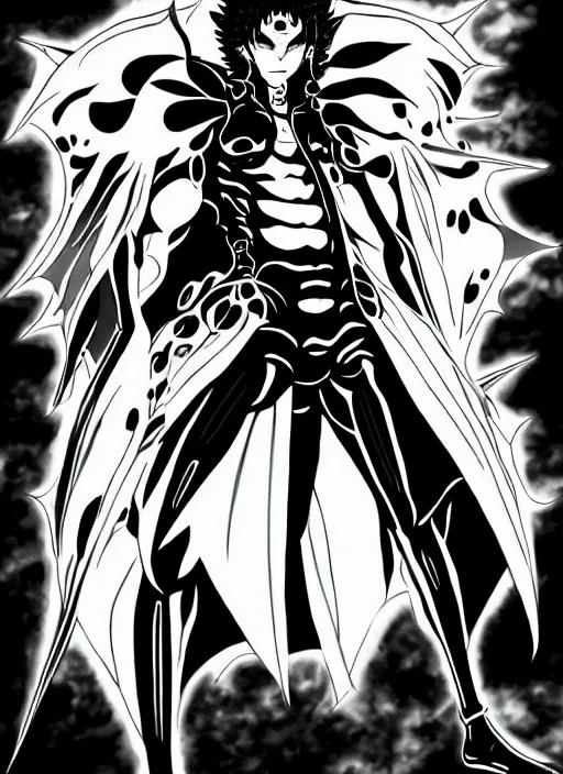 Image similar to shin megami tensei art of a demon called gigachad, art by kazuma kaneko, demonic! compedium!, law aligned, digital drawing, white background, very high quality, very highly detailed