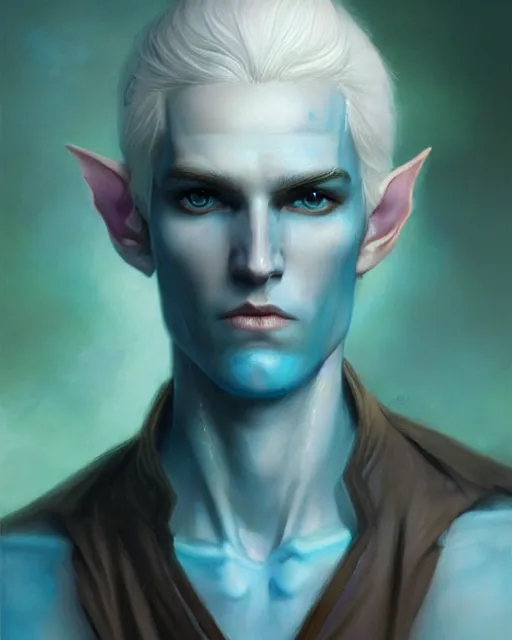 Image similar to character portrait of a slender young half elven man with white hair, piercing turquoise blue eyes, and pale blue skin, by greg rutkowski, mark brookes, jim burns, tom bagshaw, trending on artstation