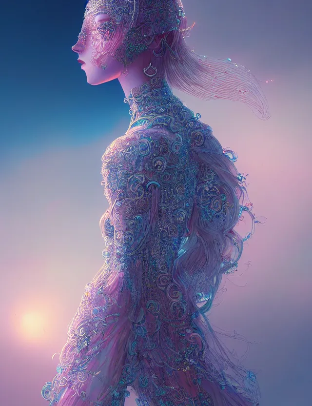 Prompt: techno - embroidered human decorated with filigree and beads walks in the clouds, safe for work, vivid pastel color scheme, by award - winning concept artist, dynamic composition, backlighting, radiant light