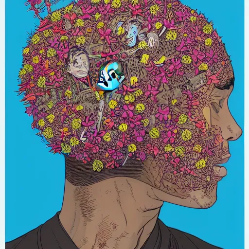 Image similar to hyper detailed comic illustration of a beautiful flower growing out of the head of a young mixed race explorer\'s head, by Josan Gonzalez and Geof Darrow, highly detailed, 8k wallpaper