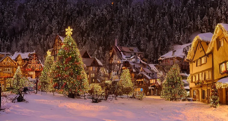 Image similar to an abandoned village in the black forest at midnight illuminated by christmas lights