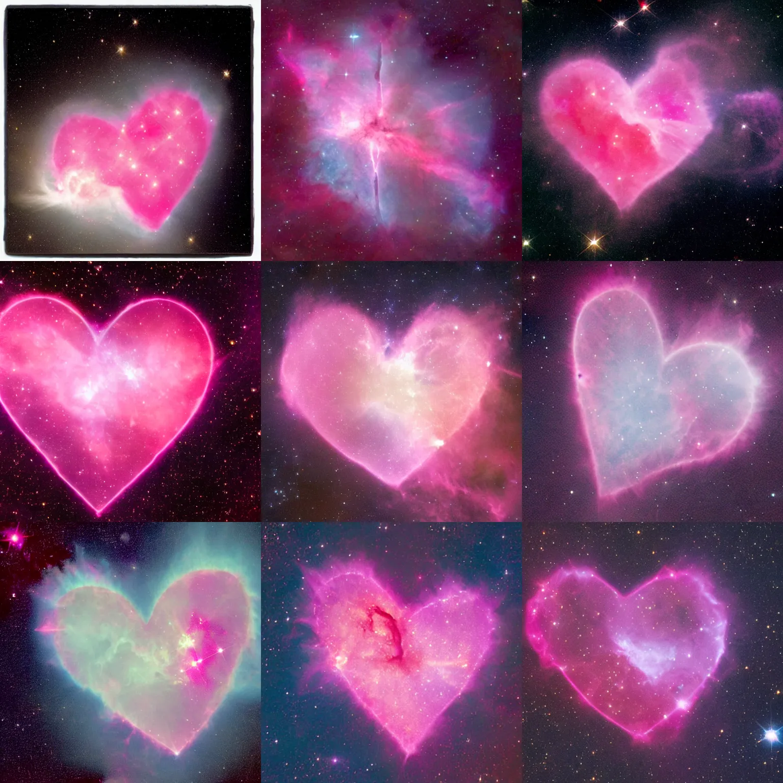 Prompt: A heart shaped pink nebula, high quality image taken by James Webb telescope