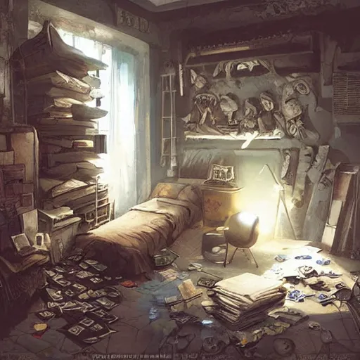 Prompt: detailed room in the sewer lair The room is a clean and delicate room ,over the bed there is a sword rack ,everything is neat ,stack of comics on the floor,soft,light,bright,epic,awesome,digital art, by Simon beak and Greg rutkowski and rossdraws