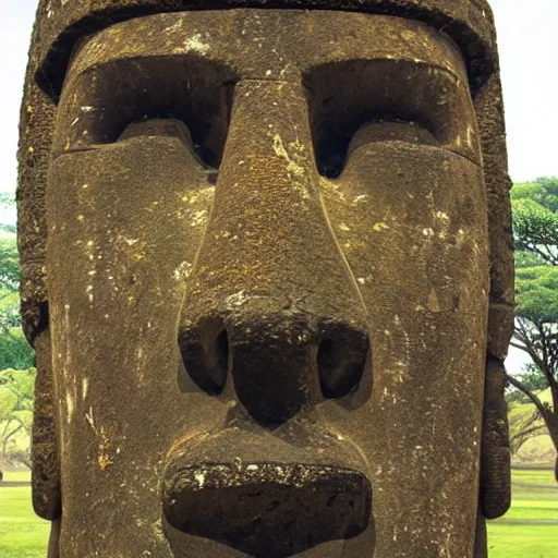 Image similar to a high detail photo of a moai wearing headphones