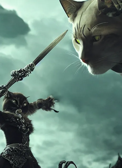 Prompt: a humanoid cat with a sword in elden ring, gameplay, boss fight, 8k, hd