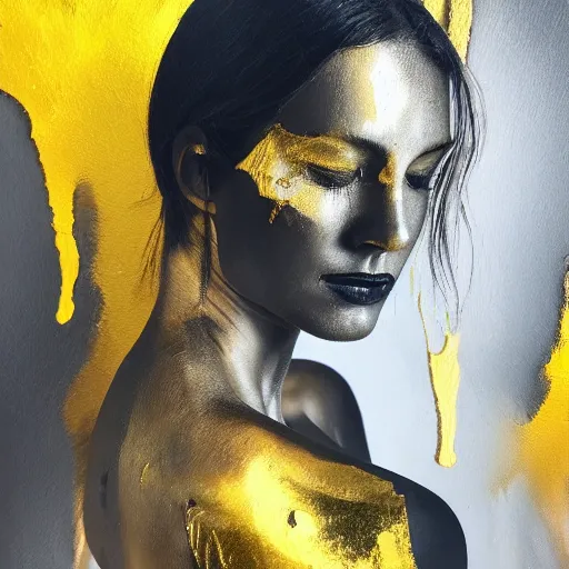 Prompt: liquid marble acrylic fluid paint, portrait, golden and black liquid materials, abstract art, beautiful female model standing, octadecahedrals, semi realism, surreal