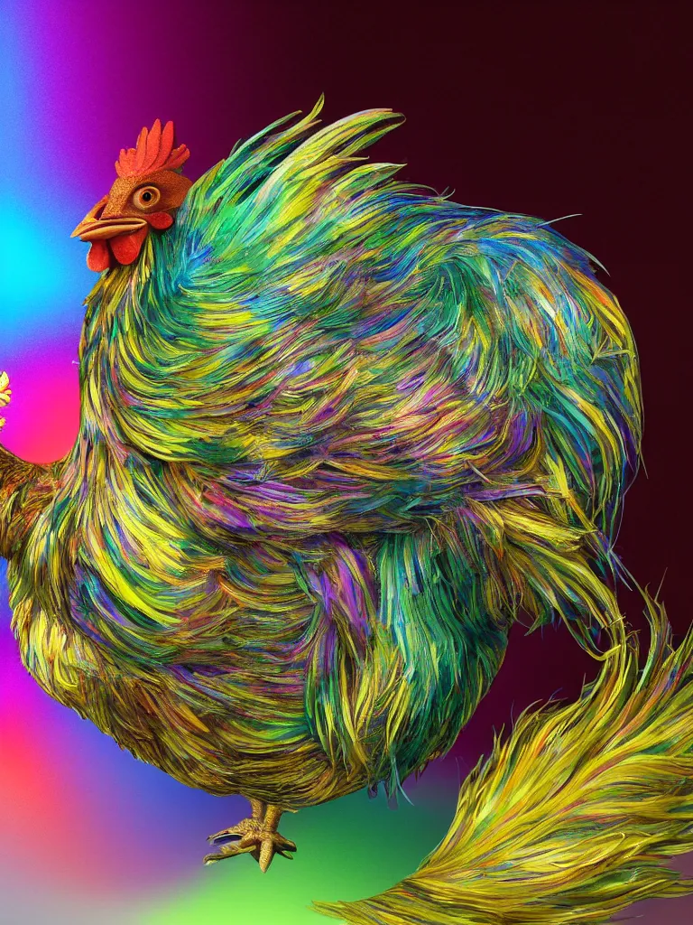Image similar to 'a painted Easter egg that is imagining becoming a chicken as imagined by a iridescent rooster as imagined by a cat that is laying half asleep on the windowsill as the mentally ill geek girl reads the cat's thoughts concerning the iridescent rooster is imagining a beautiful painted Easter egg that is imagining turning into a chicken.' 3D render at 16K resolution. epically surreally epic image. rendering amazing detail. vivid clarity. ultra shadowing. mind-blowing quality.