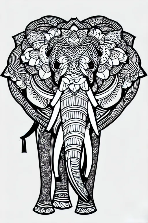 Prompt: elephant ornaments fractal ink drawing line art colouring page vector