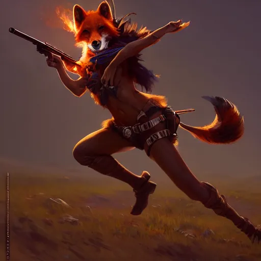 Prompt: splash art of cute feminine anthropomorphic vulpes vulpes fulva bounty huntress in the wild west, rugged clothes, motion blur, firefight, high energy action, dust, blurry : by weta, greg rutkowski, wlop, ilya kuvshinov, rossdraws, artgerm, octane render, liosh, mucha