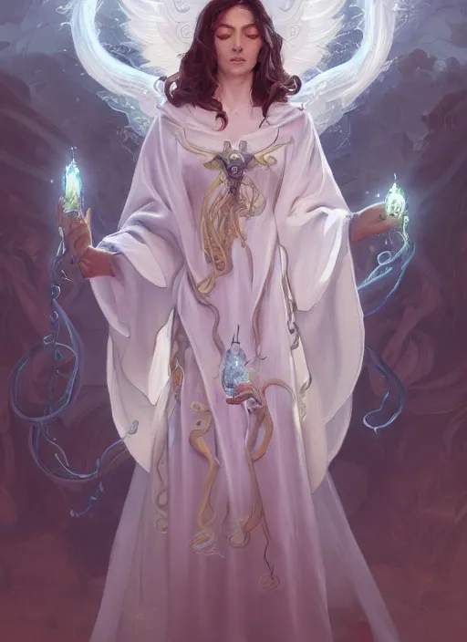 Prompt: holy cephalopod with many tentacles and angelic wings wearing long flowy white robes, fanart behance trending on artstation, concept art, matte, sharp focus, illustration, ascending to heaven, hearthstone, art by artgerm and greg rutkowski and alphonse mucha