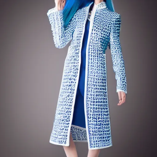 Image similar to fashion 2 0 5 0 fantastic openwork long coat with intricate pattern on a beautiful symmetrical girl with blue hair, hyper realistic photos