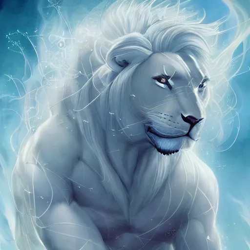 Image similar to aesthetic portrait commission of a albino muscular and attractive anthro lion with mane turning into cosmic smoke while wearing an attractive pastel greek jeweled outfit floating inside a floating greek palace in the clouds, minimalistic art, hyperdetailed. Character design by charlie bowater, ross tran, artgerm, and makoto shinkai, detailed, inked, western comic book art, 2021 award winning painting