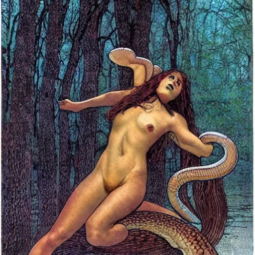 Image similar to gloomy by robert kirkman, by carlos schwabe. a beautiful art installation of a snake eating its own tail that seems to go on forever.