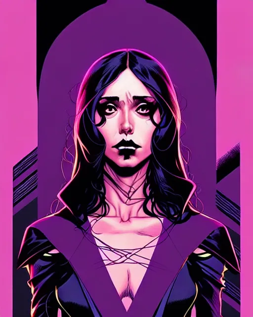 Image similar to rafael albuquerque comic cover art, artgerm, joshua middleton, pretty stella maeve witch doing black magic, serious look, purple dress, symmetrical eyes, symmetrical face, long black hair, full body, twisted evil dark forest in the background, cool colors