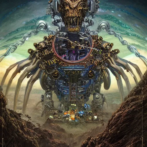 Prompt: very detailed 8 k illustration with tarot card frame of a sinister robot monster by mark riddick, wlop, wallpaperflare, houdini, vfx, james gurney, dan luvisi, audrey kawasaki, tim hildebrandt, liam wong, aoi ogata, mao hamaguchi, thomas kinkade, ernst haeckel, trending on artstation