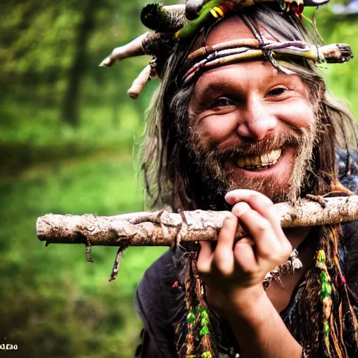 Image similar to hippie tribal hobo witch doctor wearing twigs and leaves smiling sheepishly, campfire, bong, water pipe, highly detailed, dramatic lighting, night time, cinematic, hyperrealistic, detailed, movie still from game of thrones