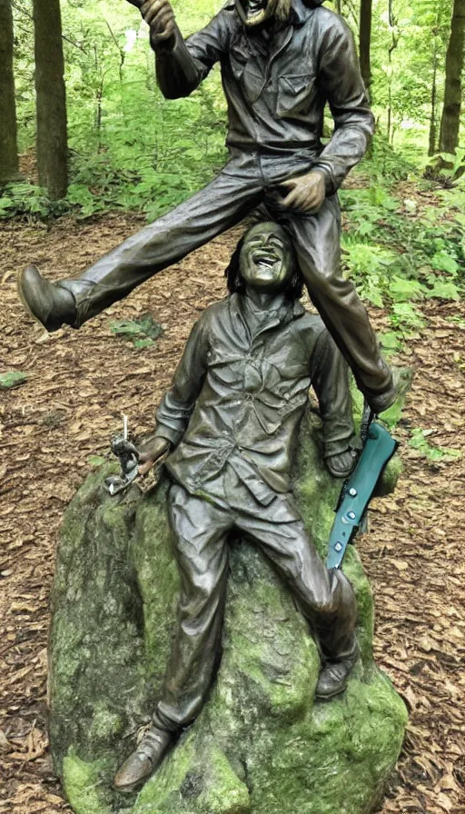 Prompt: bronze statue of kurt cobain laughing in a forest while holding a shotgun,