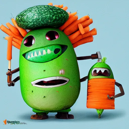 Image similar to little happy robot with big avocado hat and a carrot sword, made in abyss style, detailed background