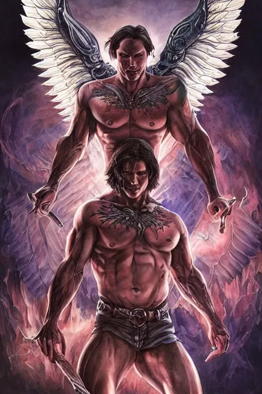 Image similar to Sam Winchester as a muscular angel with demon wings wide open, whole body tattooed with runes and satanic symbols, urban fantasy romance book cover, D&D!, fantasy style, sharp focus!, ultra detailed, art by Artgerm and Peter Andrew Jones, WLUP