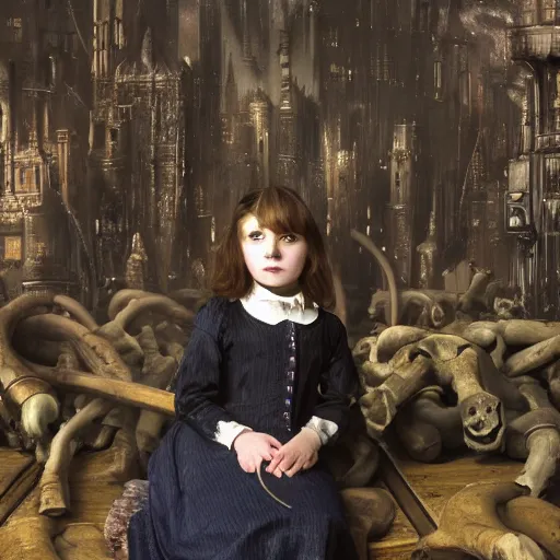 Image similar to a color photo of young sad victorian gothic child with big eyes and wide grin sitting on a sofa of bones surrounded by a cyber futuristic cityscape made of human body parts, ultra detailed, 8 k resolution, beautiful lighting, expansive detailed layered city, landscape, sigma 8 5 mm, award winning photography