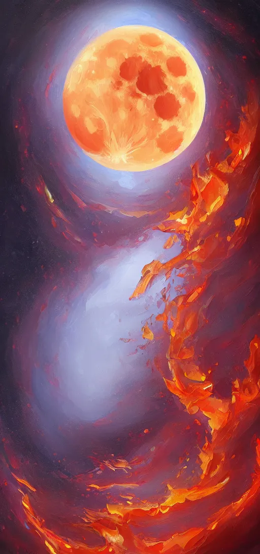 Prompt: fire moon, oil Painting, ultradetailed, artstation, ultradetailed, digital Painting,