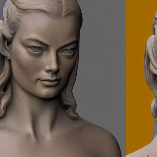 Image similar to a realistic renaissance sculpture of margot robbie by michelangelo, standing in times square, 3 d render, hyper detailed, sharp focus, 8 k resolution