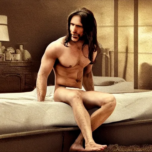 Prompt: matte painting of a shirtless man with long straight brown hair getting up from a bed. evocative. artistic.