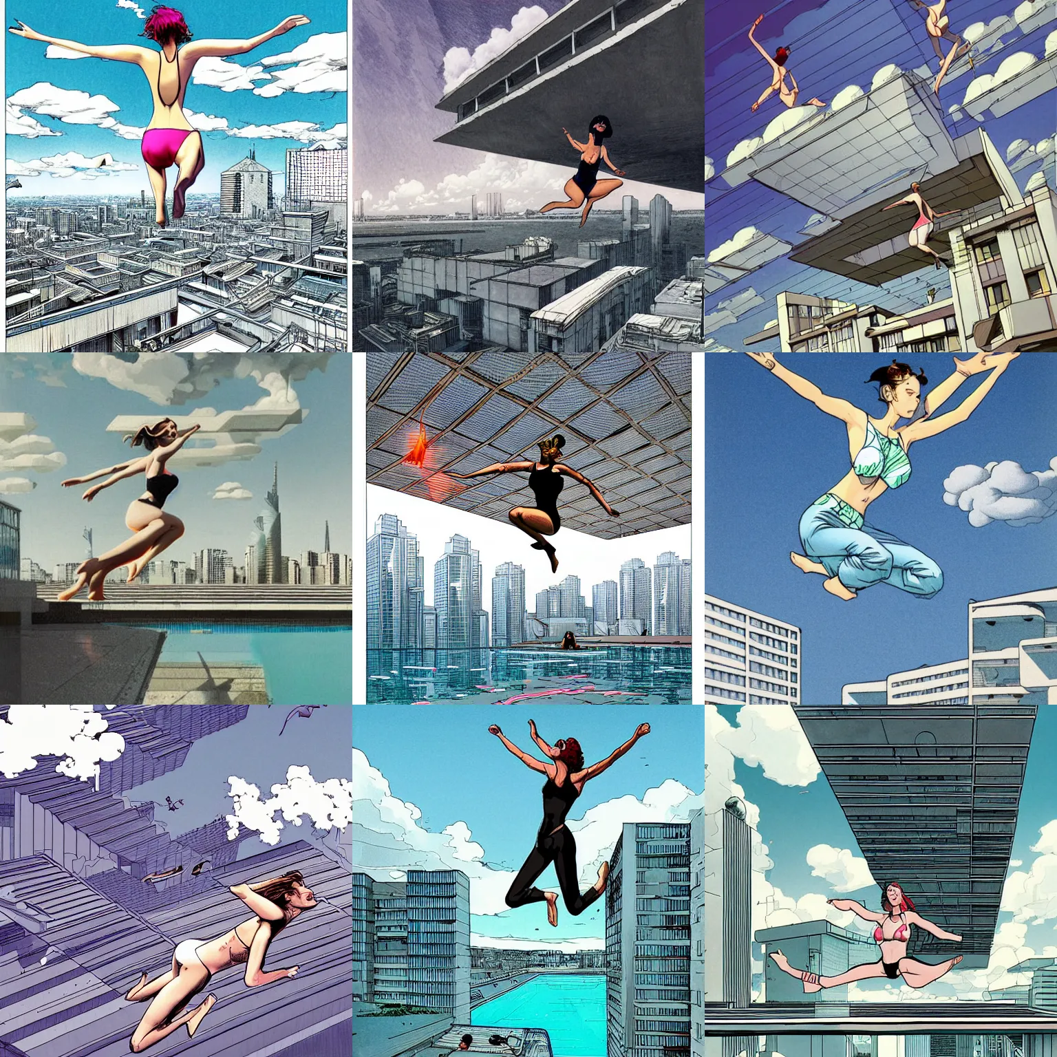 Prompt: urban brutalist flying white architecture with beautiful clouds, digital illustration, highly detailed, bright color palette, style by moebius, beautiful woman in bikini jumping into floating pool