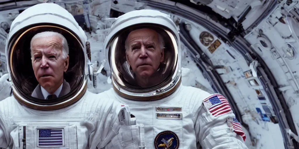 Prompt: joe biden in spacesuit in interstellar movie, movie scene, 8 k, 2 5 5 mm wide shot