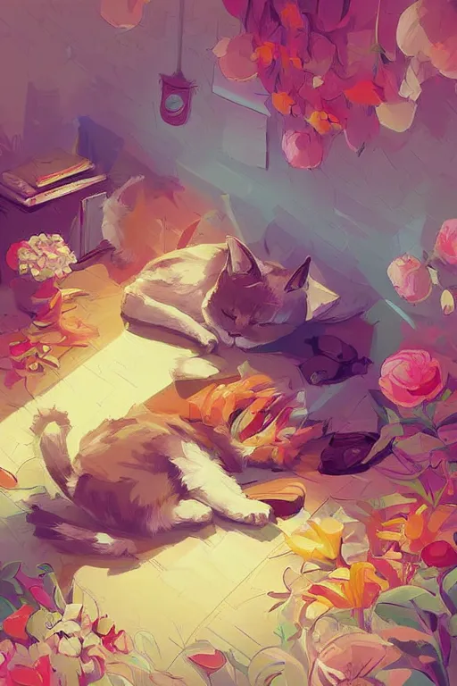 Image similar to a digital art of a cat sleeping in the room with flowers around in the afternoon, the sun shines in, animal, light effect, highly detailed, by anton fadeev